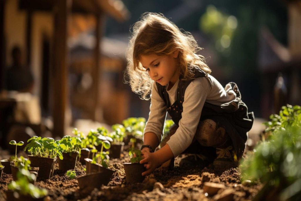 Little girl planting small seedlings in a garden