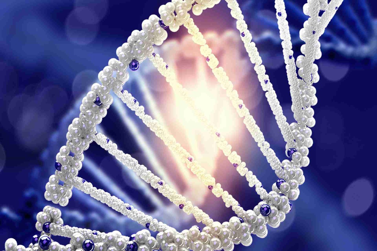 Close-up 3D illustration of a DNA strand made of pearl-like spheres with light shining in the background