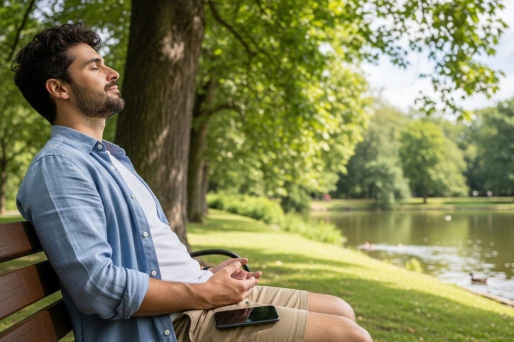 A meditating guy sitting on a wooden chair in a quiet park