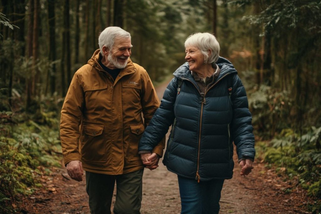 Od couple holding hands while walking in the woods