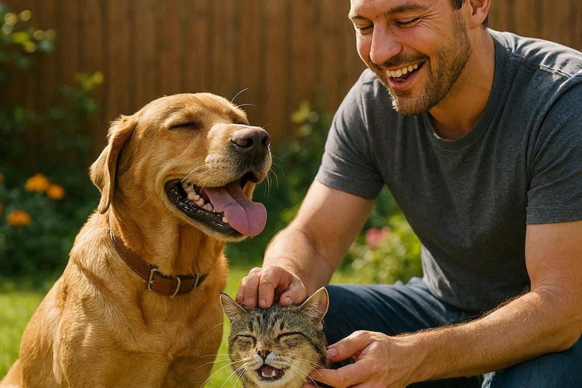 A guy playing with his cat and dog