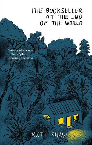 Illustrated nighttime forest scene with a small lit bookshop cabin