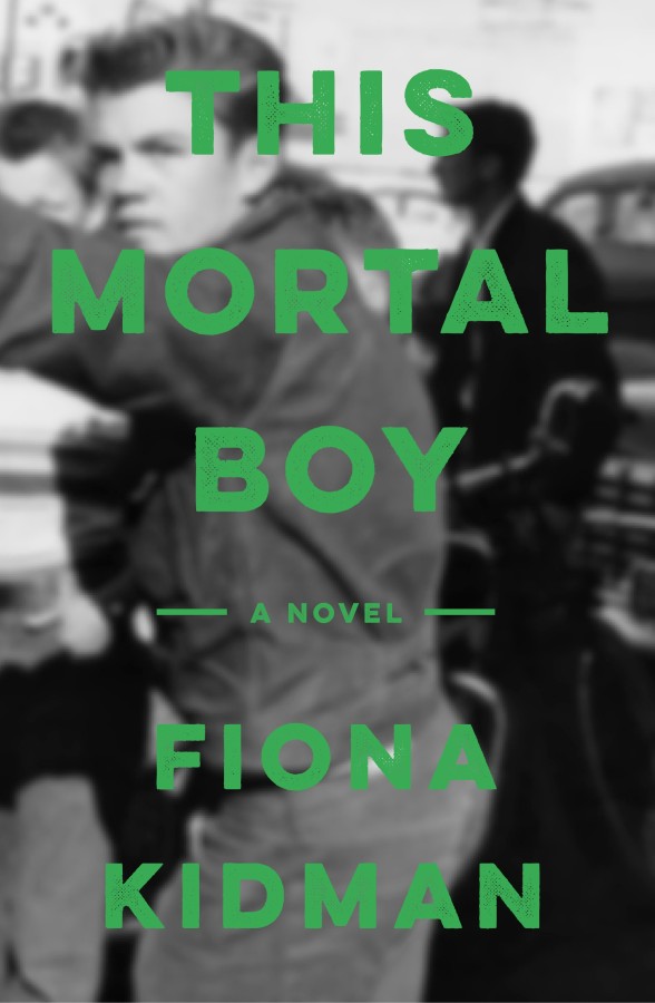 Black-and-white blurred photo cover with bold green title text