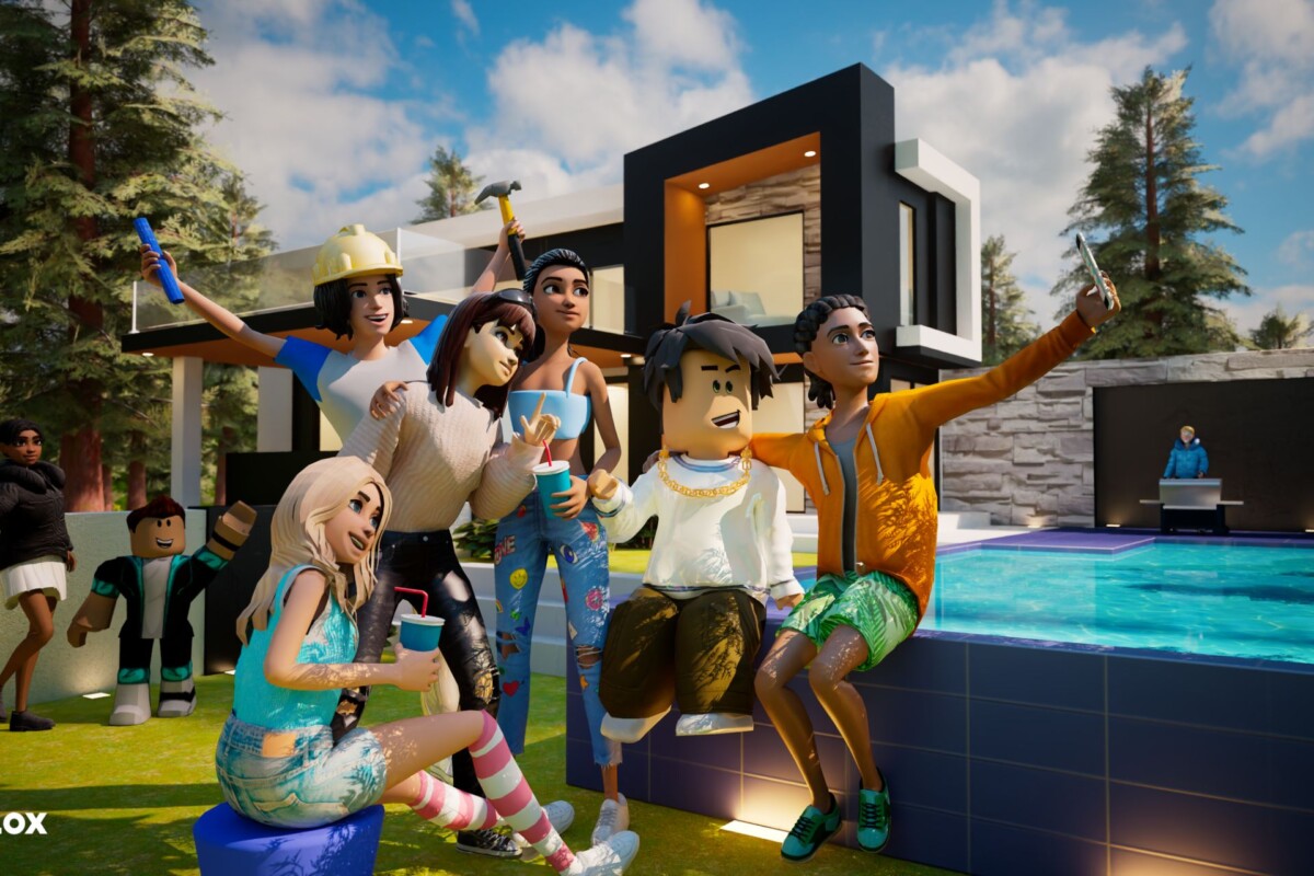 Group of Roblox characters gathered outside a modern house with a swimming pool.